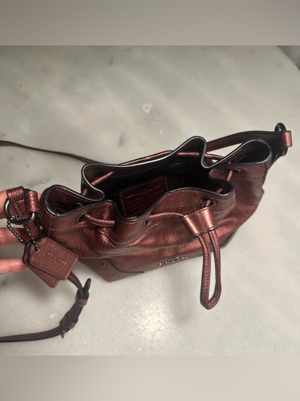 Coach Metallic Red Small Leather Drawstring Bucket Shoulder Crossbody Bag - Picture 9 of 15